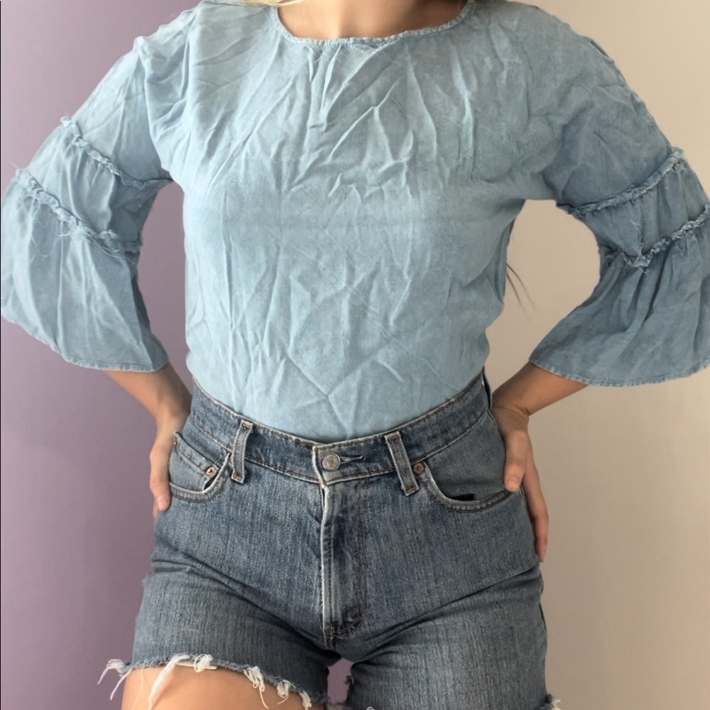Blue Linen Top with Ruffle Sleeves
